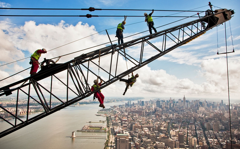 World Trade Center rebuilding Lower Manhattan crane with construction workers