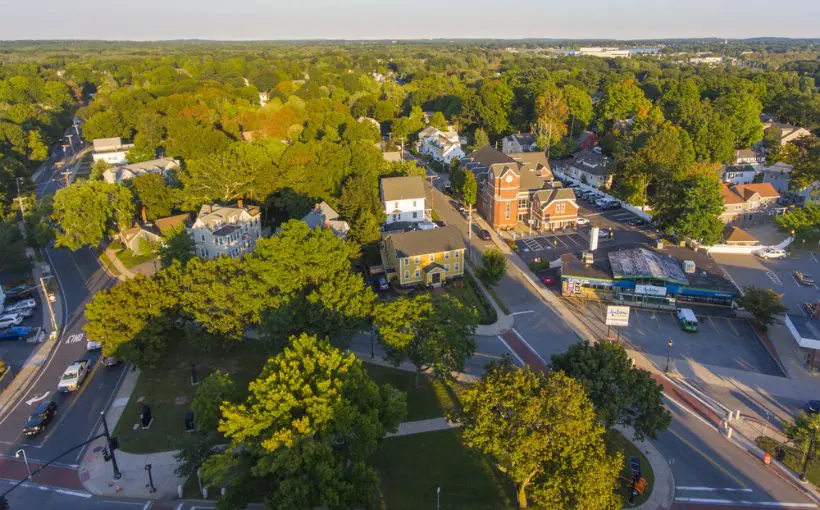 Aerial view of tree-lined streets in Reading, MA