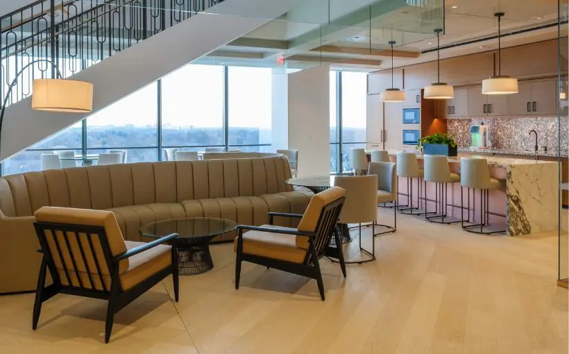 Interior view of a modern high rise lobby and refreshment station