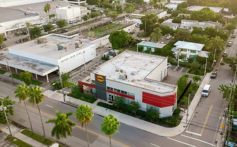 Aerial view of a city block with two single-story commercial service buildings