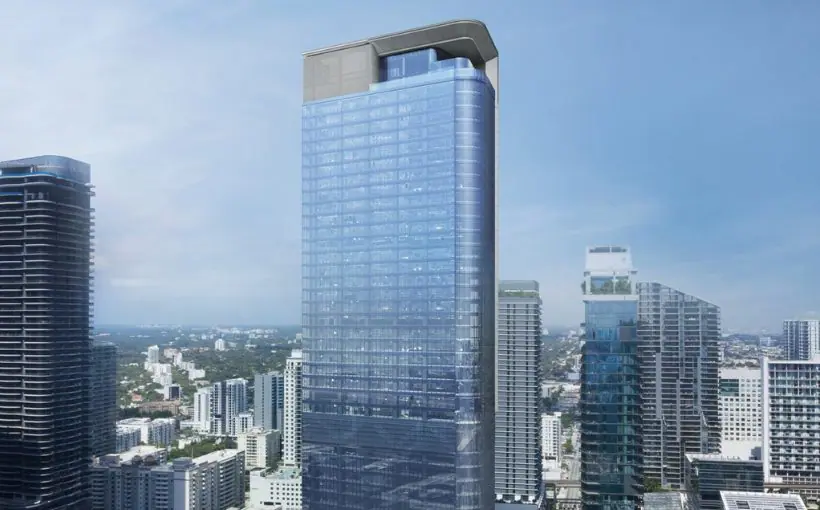 Artist rendering of an aerial view of skyscrapers in Miami with a round cornered glass high rise in the center