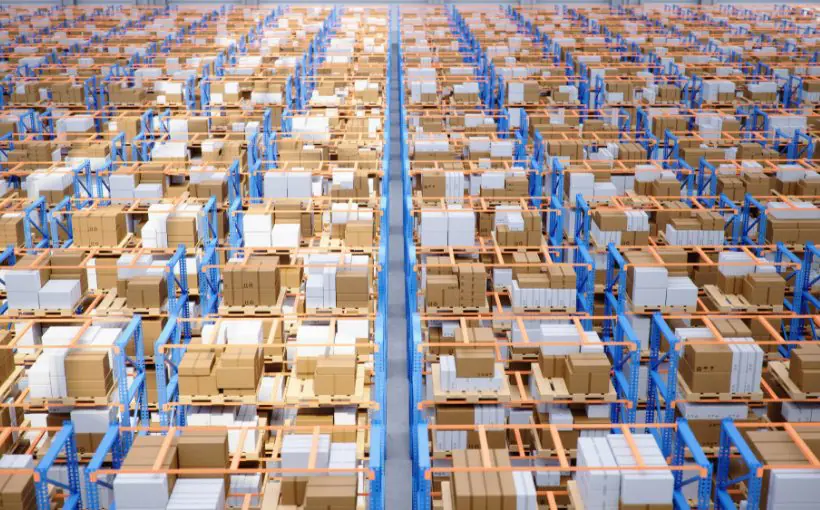 Illustrative warehouse interior filled with rows of boxes