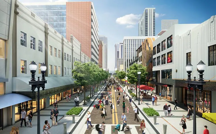 Artist rendering of a Miami street with newly constructed shops and restaurants leading to high rises