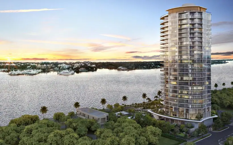 Artist rendering of a window filled high rise facing a waterway with yachts and lined with palm trees