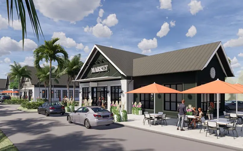 Artist rendering of a retail complex made up of multiple small buildings with peaked roofs and outside picnic tables