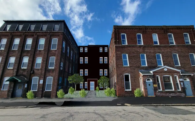 Artist rendering of a three story brick apartment building with street side entrances and federal roofline