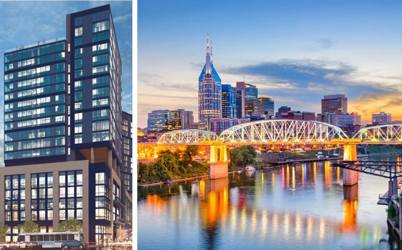A split image of an artists rendering of a high rise apartment building on the left and a long-range image of the Nashville skyline and river bridge on the right