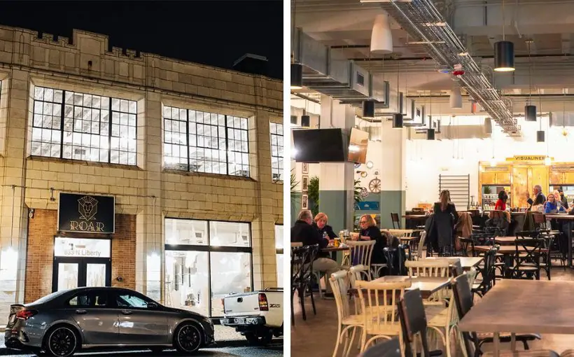 Exterior image of art deco styled building at night along with interior image of eatery with industrial decor