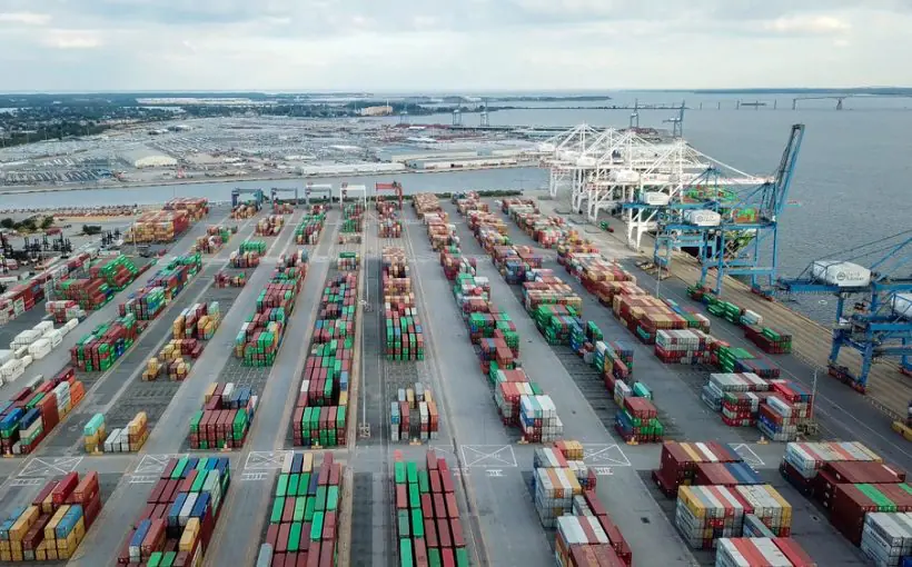 Aerial view of shipping containers and loading cranes at the Seagirt Marine Terminal, Port of Baltimore