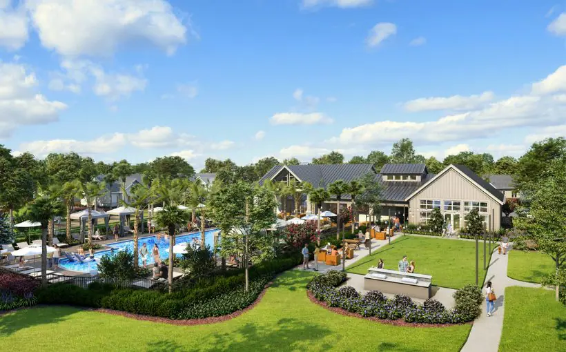 Artist rendering of community center with pool and lounging areas, grill, clubhouse, and lawn for games