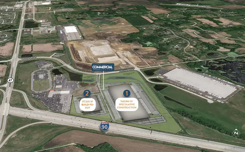 Huntley Commercial Center in Huntley, IL has launched construction with a 540960-square-foot speculative industrial warehouse