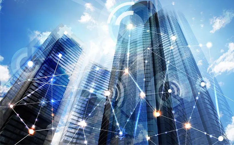 Modern,Skyscrapers,Of,Madrid,And,Business,Network,Connections,Concept.,Technology,