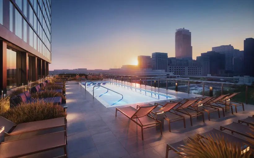 CHI The Reed at Southbank Chicago Lendlease Outdoor Pool Dusk