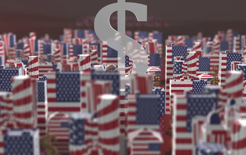 Dollar sign and housing in U.S. flag colors