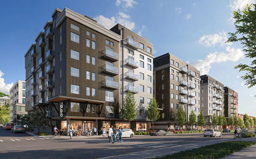 Nitze-Stagen's 900 Rainier project will have retail and courtyards along Rainier Avenue South. Construction of the 398-unit mixed-income property is underway
