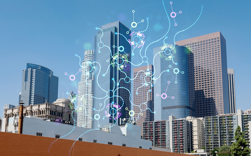 AI concept over Los Angeles skyline