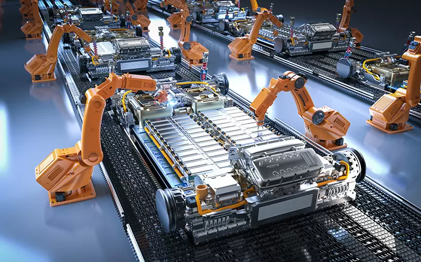 Automation,Automobile,Factory,Concept,With,3d,Rendering,Robot,Assembly,Line