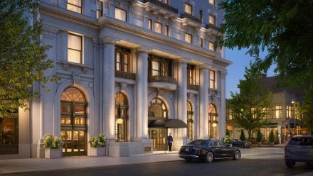 NY The Ritz Carlton Residences Brooklyn Heights Exterior Entry Dusk scaled